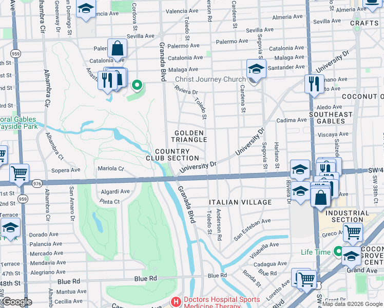 map of restaurants, bars, coffee shops, grocery stores, and more near 931 University Drive in Coral Gables