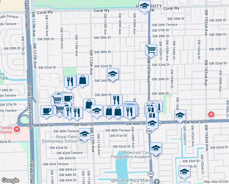 map of restaurants, bars, coffee shops, grocery stores, and more near 10980 Southwest 36th Street in Miami