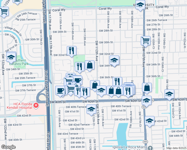 map of restaurants, bars, coffee shops, grocery stores, and more near 3610 Southwest 112th Avenue in Miami