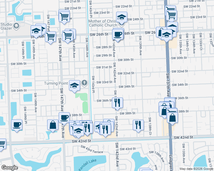 map of restaurants, bars, coffee shops, grocery stores, and more near 3455 Southwest 142nd Place in Miami