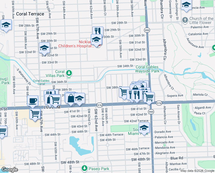 map of restaurants, bars, coffee shops, grocery stores, and more near in Coral Terrace