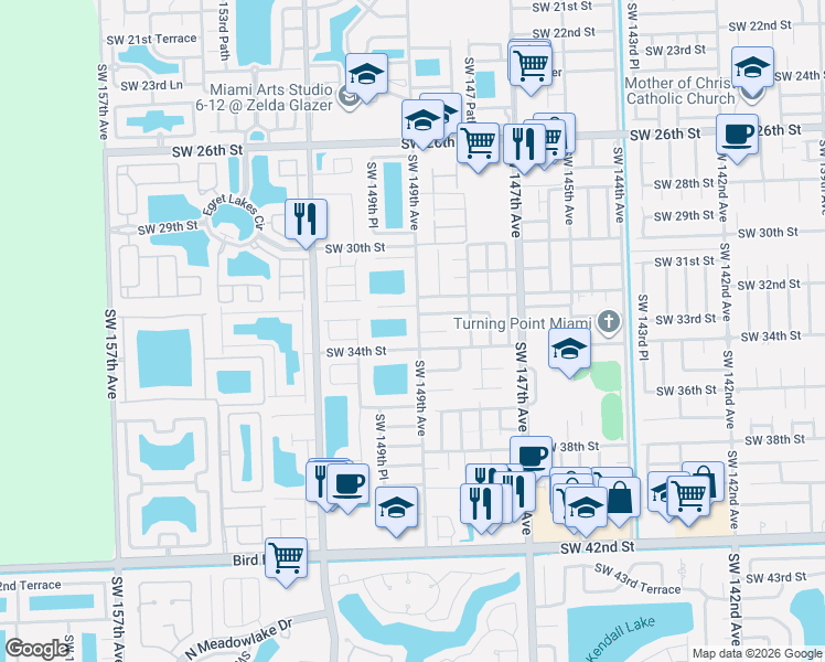 map of restaurants, bars, coffee shops, grocery stores, and more near 14906 Southwest 34th Street in Miami