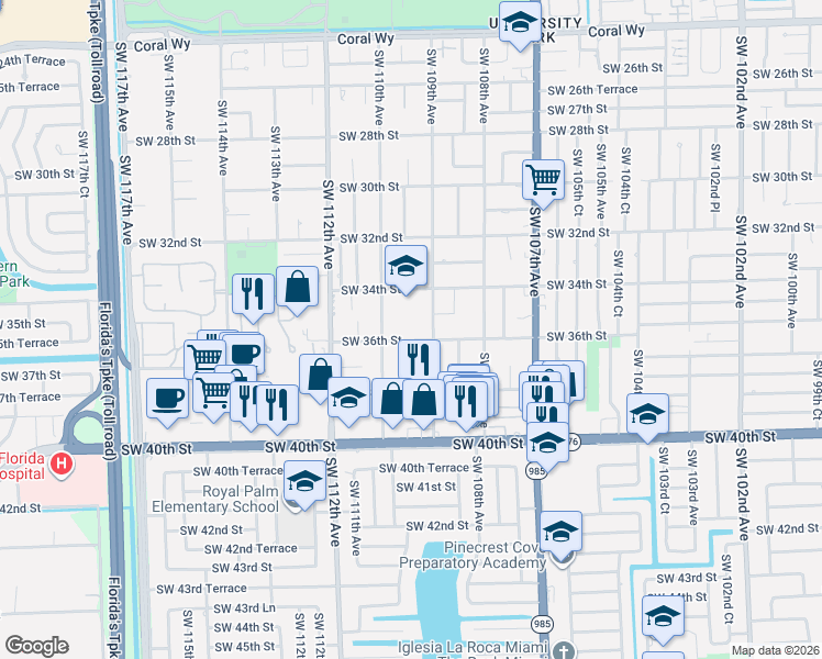 map of restaurants, bars, coffee shops, grocery stores, and more near 10980 Southwest 36th Street in Miami