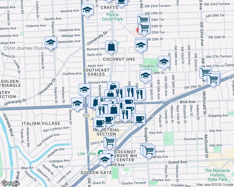 map of restaurants, bars, coffee shops, grocery stores, and more near 3853 Southwest 29th Street in Miami