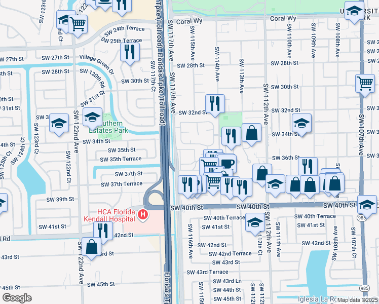 map of restaurants, bars, coffee shops, grocery stores, and more near 11517 Southwest 34th Lane in Miami