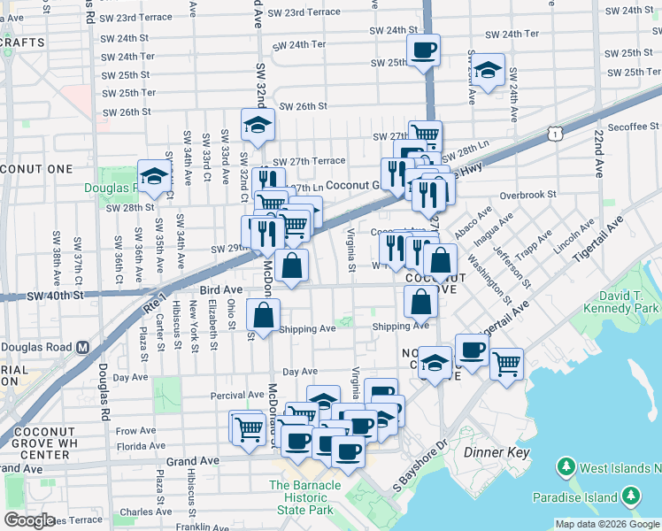 map of restaurants, bars, coffee shops, grocery stores, and more near 2927 Southwest 30th Court in Miami