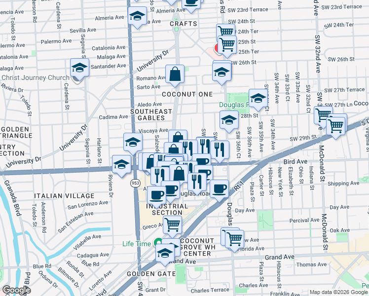 map of restaurants, bars, coffee shops, grocery stores, and more near 3853 Southwest 29th Street in Miami