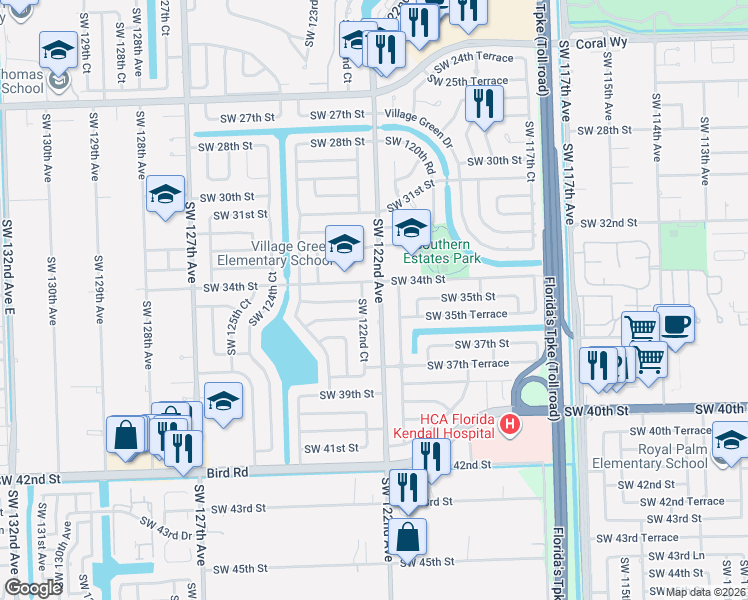 map of restaurants, bars, coffee shops, grocery stores, and more near 3401 Southwest 122nd Court in Miami