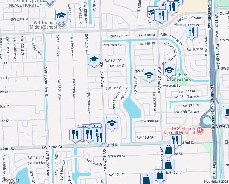 map of restaurants, bars, coffee shops, grocery stores, and more near 12575 Southwest 34th Street in Miami