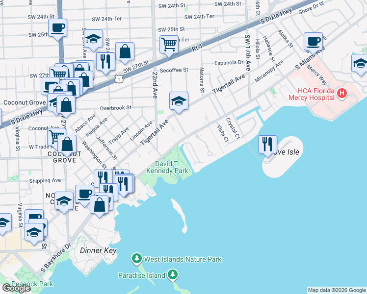map of restaurants, bars, coffee shops, grocery stores, and more near 2121 South Bayshore Drive in Miami