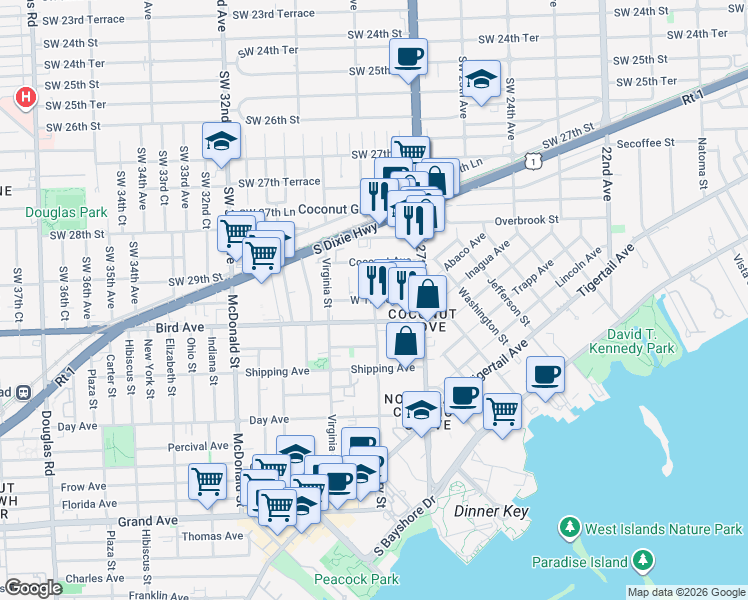 map of restaurants, bars, coffee shops, grocery stores, and more near 2290 Mary Street in Miami