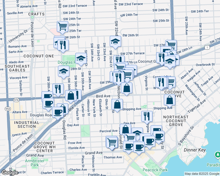 map of restaurants, bars, coffee shops, grocery stores, and more near 3262 Southwest 29th Street in Miami
