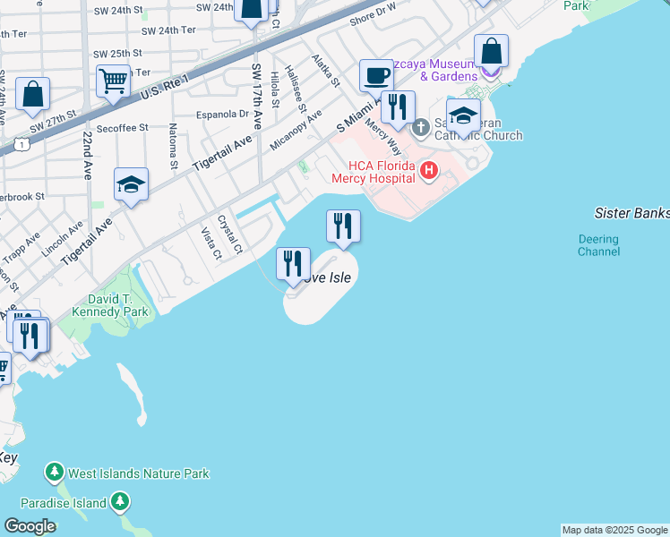 map of restaurants, bars, coffee shops, grocery stores, and more near 4 Grove Isle Drive in Miami