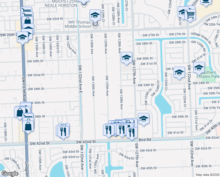 map of restaurants, bars, coffee shops, grocery stores, and more near 3391 Southwest 129th Avenue in Miami