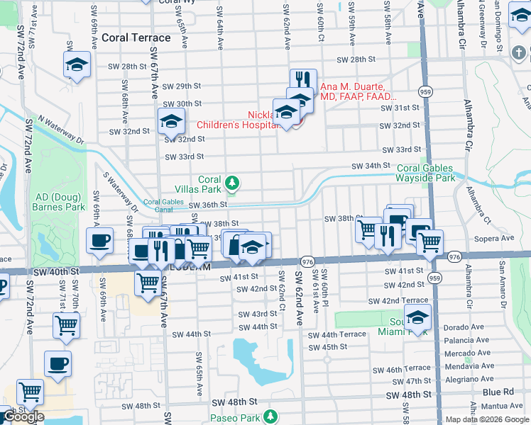 map of restaurants, bars, coffee shops, grocery stores, and more near 6271 Southwest 36th Street in Miami