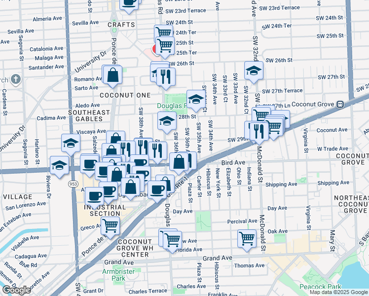 map of restaurants, bars, coffee shops, grocery stores, and more near 2901 Southwest 36th Court in Miami