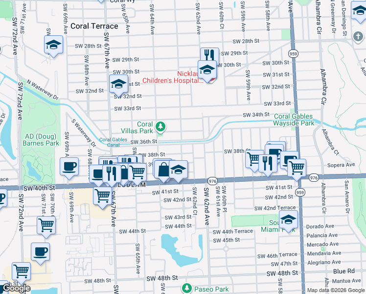 map of restaurants, bars, coffee shops, grocery stores, and more near 6271 Southwest 36th Street in Miami