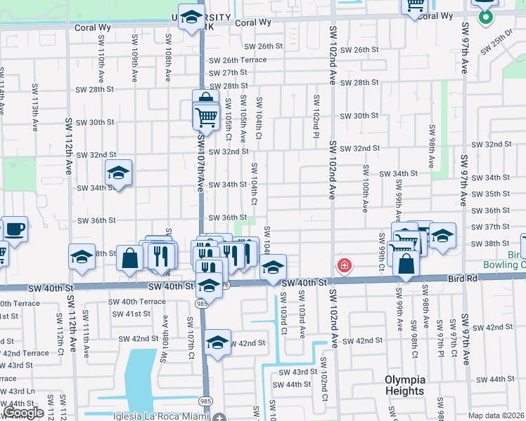 map of restaurants, bars, coffee shops, grocery stores, and more near 3440 Southwest 104th Avenue in Miami