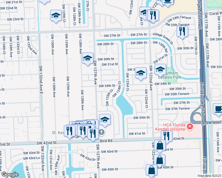 map of restaurants, bars, coffee shops, grocery stores, and more near 12435 Southwest 34th Street in Miami