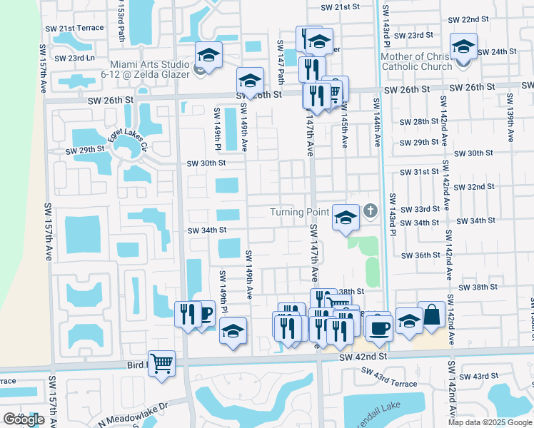 map of restaurants, bars, coffee shops, grocery stores, and more near 14821 Southwest 32nd Lane in Miami