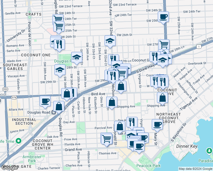 map of restaurants, bars, coffee shops, grocery stores, and more near 3239 West Trade Avenue in Miami