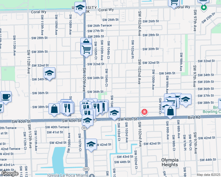 map of restaurants, bars, coffee shops, grocery stores, and more near 3440 Southwest 104th Avenue in Miami