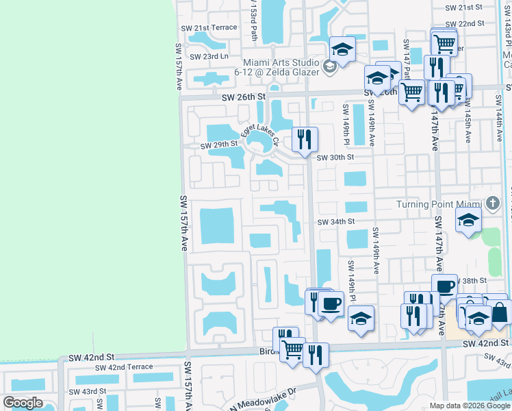 map of restaurants, bars, coffee shops, grocery stores, and more near 15375 Southwest 32nd Terrace in Miami