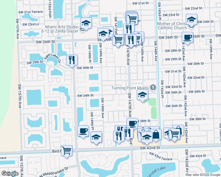 map of restaurants, bars, coffee shops, grocery stores, and more near 14821 Southwest 32nd Lane in Miami