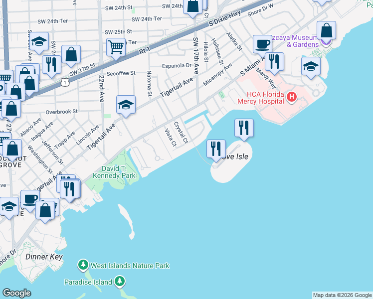 map of restaurants, bars, coffee shops, grocery stores, and more near 1872 South Bayshore Lane in Miami