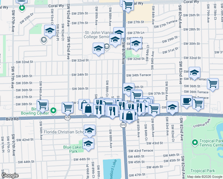 map of restaurants, bars, coffee shops, grocery stores, and more near 8753 Southwest 36th Street in Miami