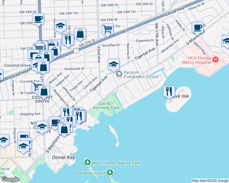 map of restaurants, bars, coffee shops, grocery stores, and more near 2121 South Bayshore Drive in Miami