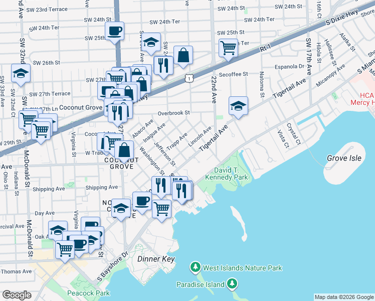 map of restaurants, bars, coffee shops, grocery stores, and more near 3080 Calusa Street in Miami