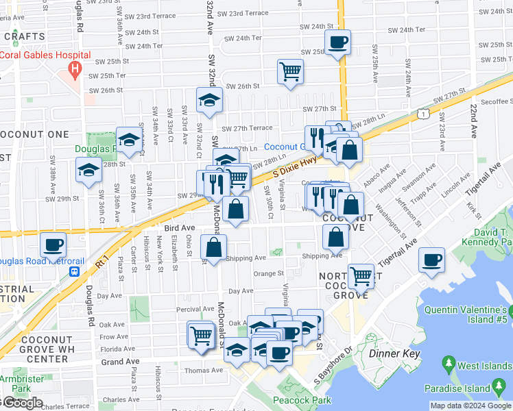 map of restaurants, bars, coffee shops, grocery stores, and more near 2924 Bridgeport Avenue in Miami