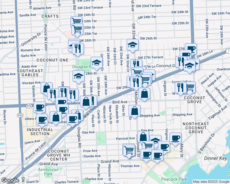 map of restaurants, bars, coffee shops, grocery stores, and more near 3342 Southwest 29th Street in Miami