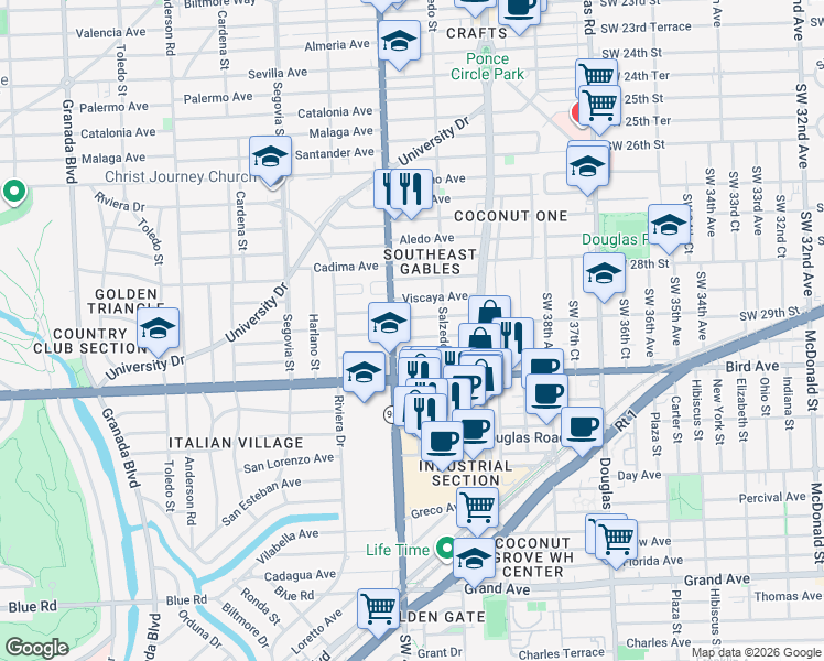 map of restaurants, bars, coffee shops, grocery stores, and more near in Coral Gables