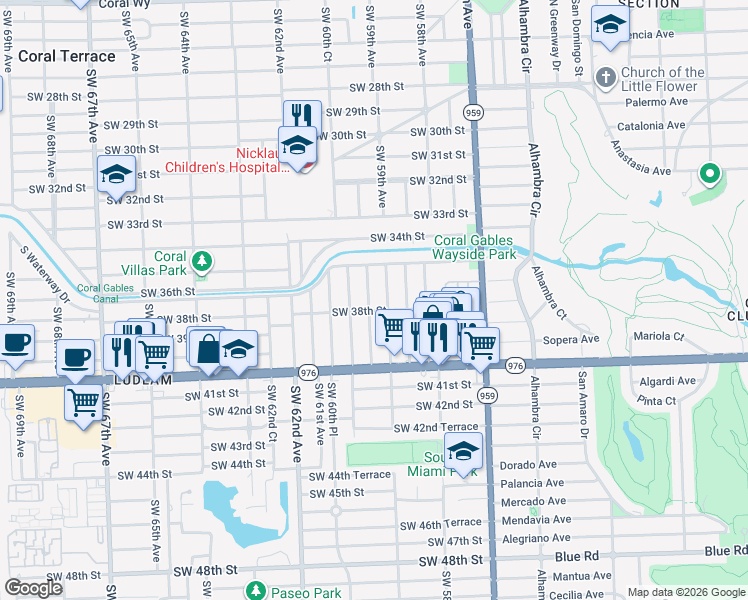 map of restaurants, bars, coffee shops, grocery stores, and more near 3611 Southwest 60th Court in Miami