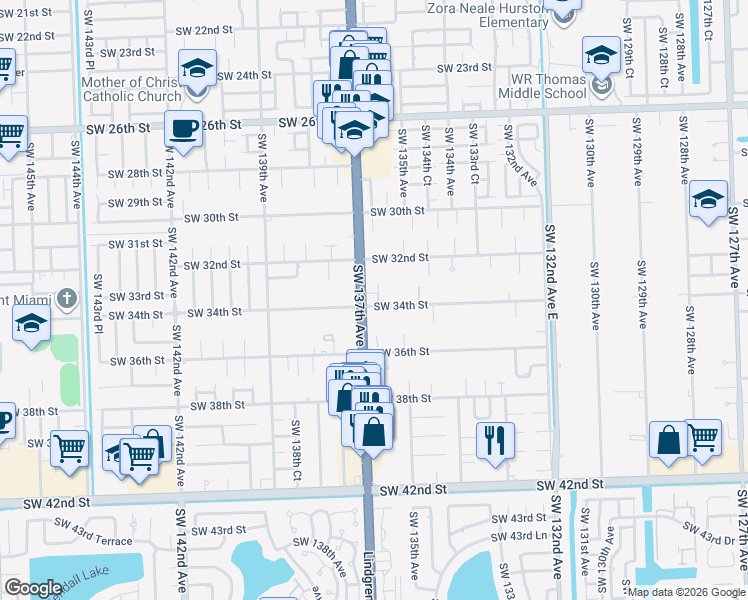 map of restaurants, bars, coffee shops, grocery stores, and more near 13657 Southwest 34th Street in Miami