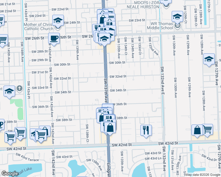 map of restaurants, bars, coffee shops, grocery stores, and more near 13657 Southwest 34th Street in Miami