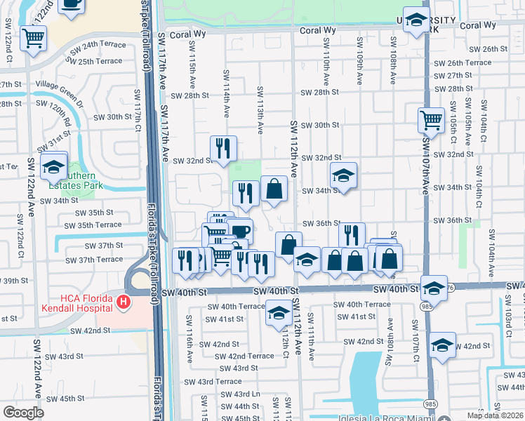 map of restaurants, bars, coffee shops, grocery stores, and more near 14956 Southwest 35th Terrace in Miami