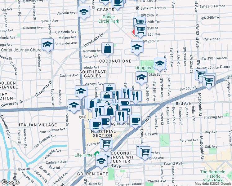 map of restaurants, bars, coffee shops, grocery stores, and more near 3853 Southwest 29th Street in Miami