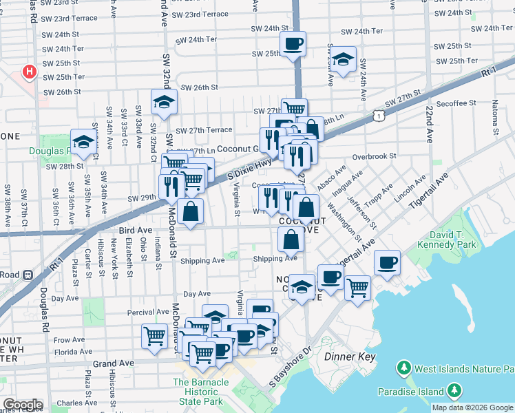 map of restaurants, bars, coffee shops, grocery stores, and more near 2932 Catalina Street in Miami