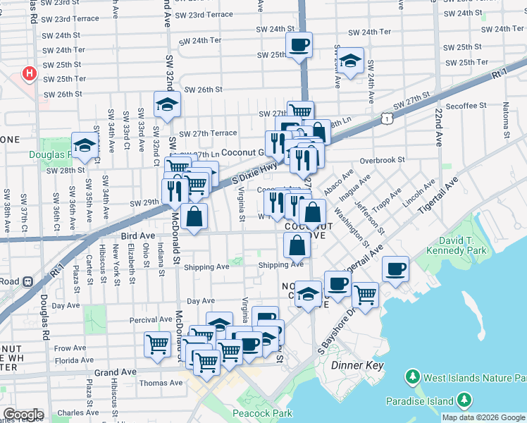 map of restaurants, bars, coffee shops, grocery stores, and more near 2932 Catalina Street in Miami