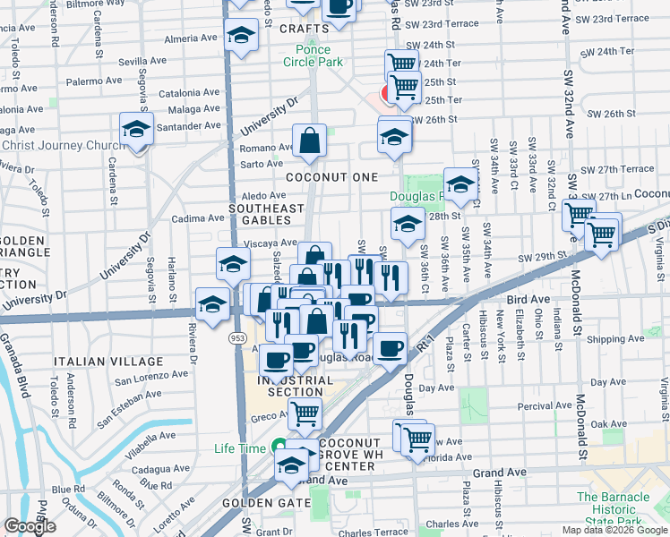 map of restaurants, bars, coffee shops, grocery stores, and more near 3853 Southwest 29th Street in Miami