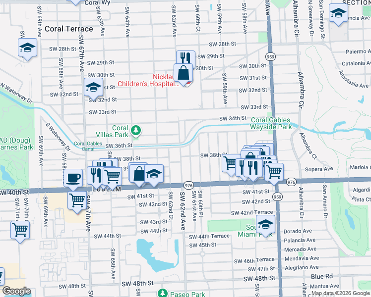 map of restaurants, bars, coffee shops, grocery stores, and more near 6201 Southwest 36th Street in Miami