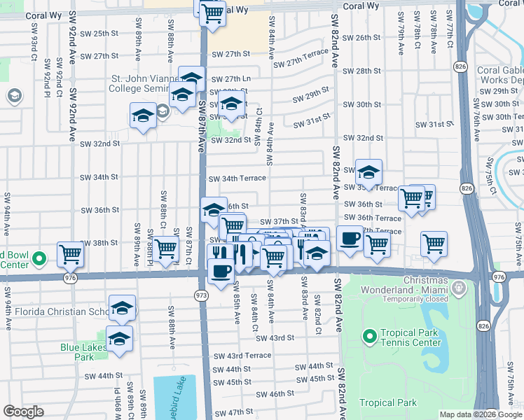 map of restaurants, bars, coffee shops, grocery stores, and more near 3500-3598 Southwest 84th Court in Miami