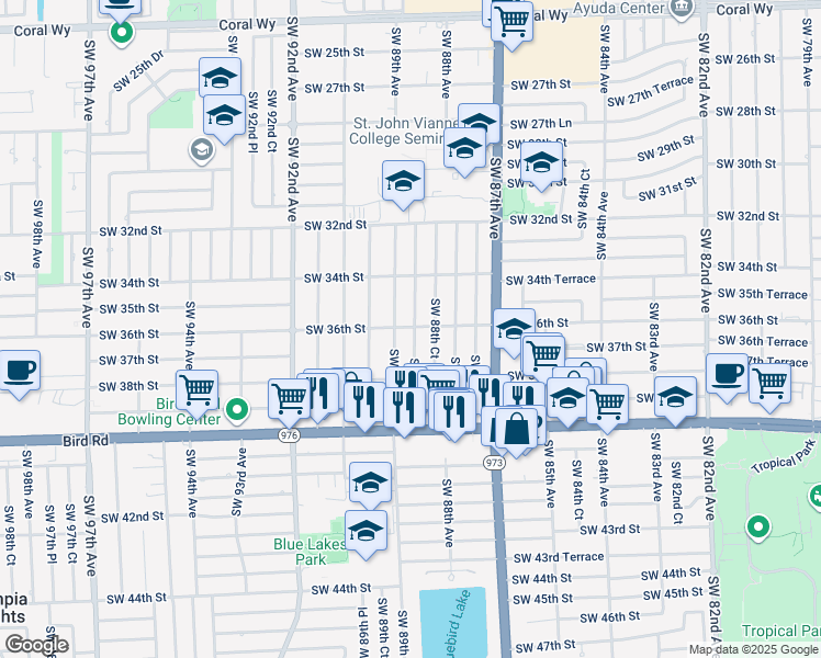 map of restaurants, bars, coffee shops, grocery stores, and more near 3535 Southwest 88th Place in Miami