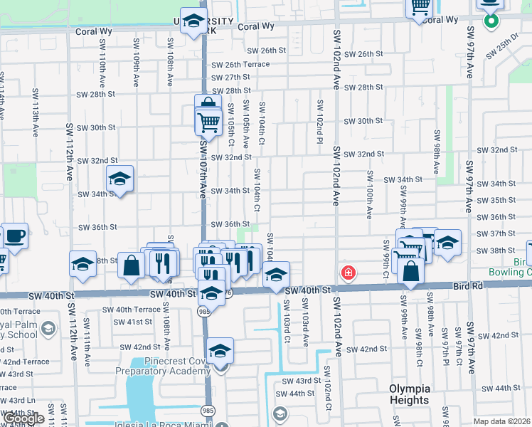 map of restaurants, bars, coffee shops, grocery stores, and more near 3440 Southwest 104th Avenue in Miami