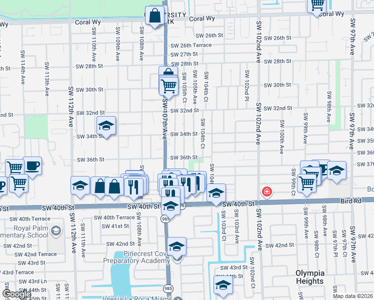 map of restaurants, bars, coffee shops, grocery stores, and more near 3440 Southwest 105th Avenue in Miami