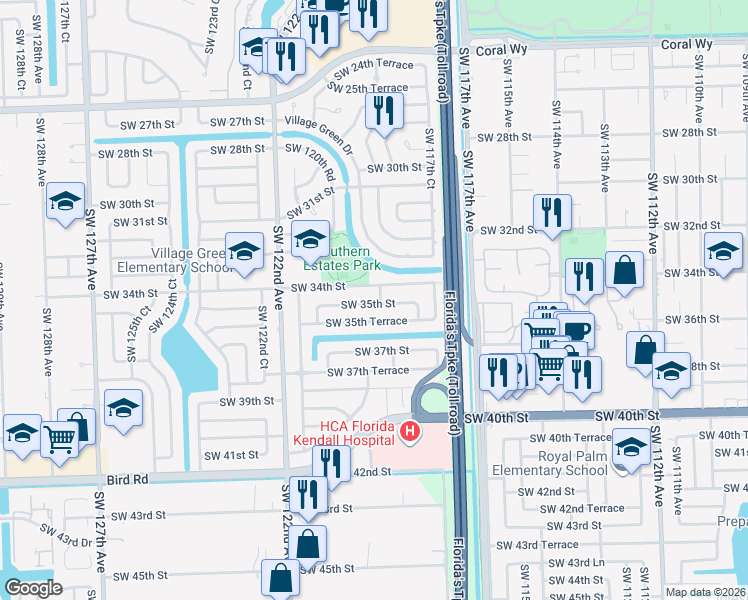 map of restaurants, bars, coffee shops, grocery stores, and more near 11910 Southwest 34th Street in Miami