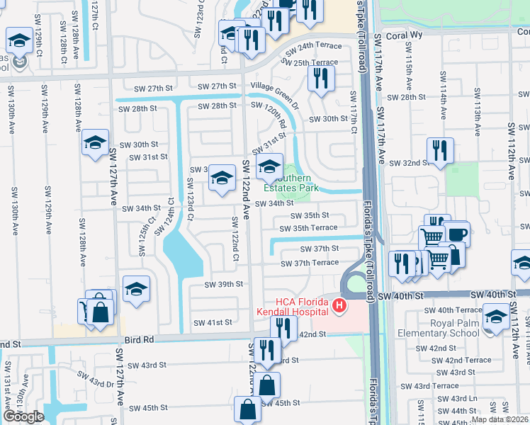 map of restaurants, bars, coffee shops, grocery stores, and more near 12030 Southwest 34th Street in Miami